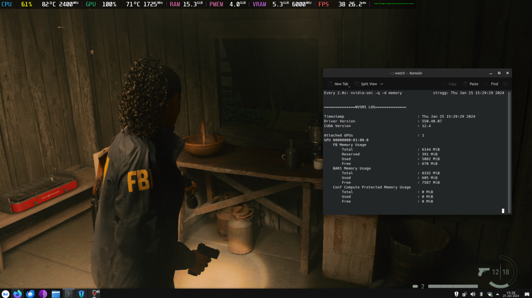 A screenshot of Alan Wake 2 running on my laptop, with a Konsole window on top of it, showing BAR size and usage.